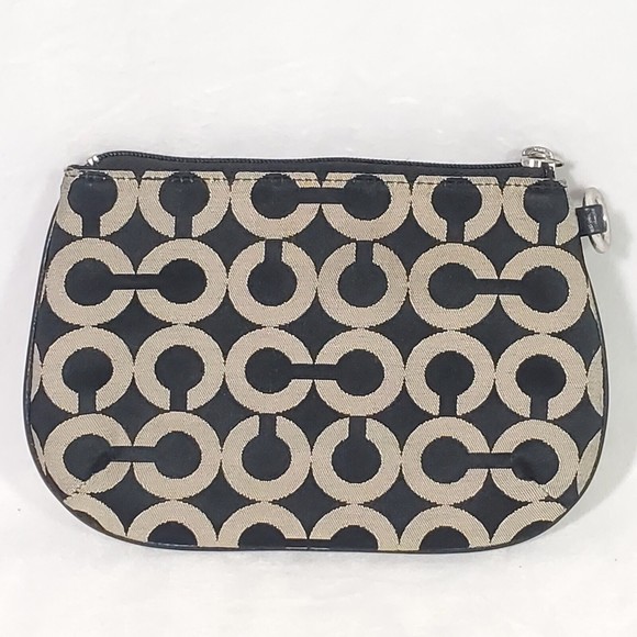 Coach Signature Pattern Wristlet Pouch Wallet MISSING WRIST STRAP Black Beige - Picture 2 of 11